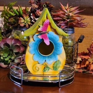 Metal Birdhouse with Floral Butterfly Design Yellow Green Blue Pink